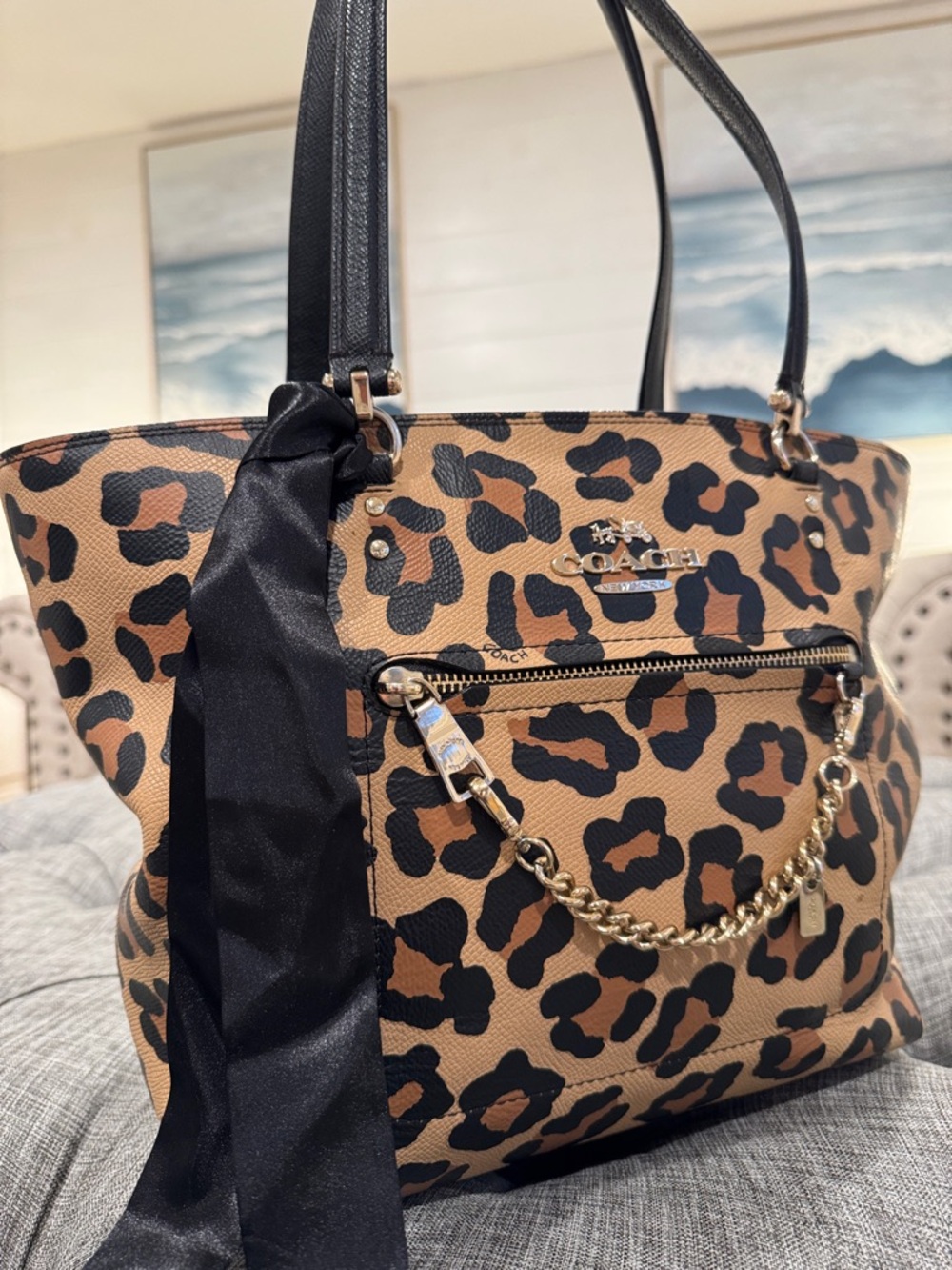 Coach Bag Leopard Ocelot Print Car Town Tote with Chain Detail - Picture 3 of 17